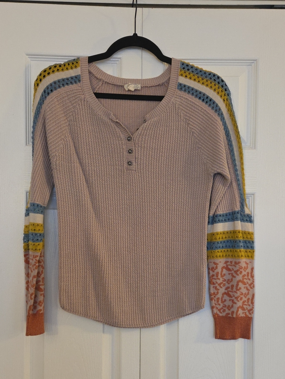Mystree Pink Waffle Knit Henley with Multicolor Striped Sleeves